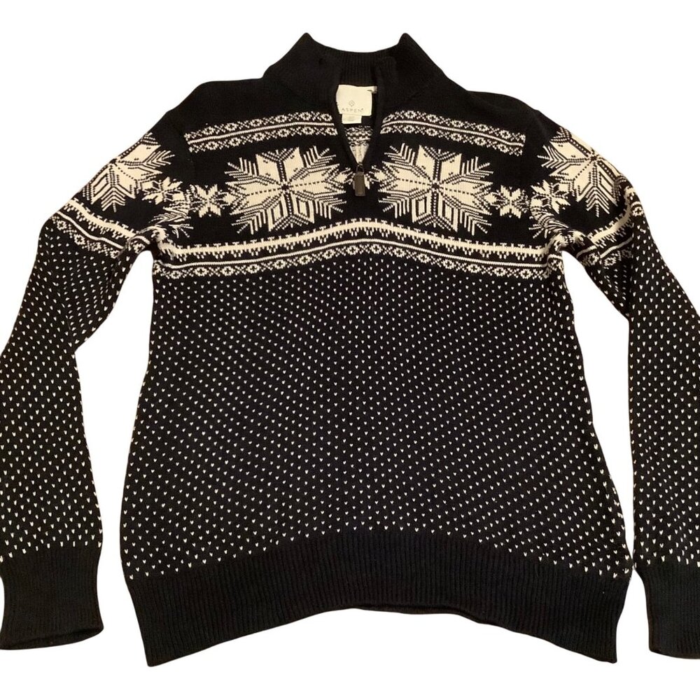 Aspen Mens Black White Snowflake 1/4 Zip Knit Sweater Size S